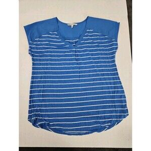 Adrienne Vittadini Blue With White Stripes Mixed Media Blouse Size L